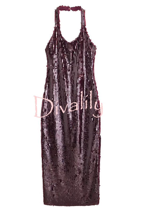 Night Glow Disc Sequin Halter Backless Slit Midi Dress