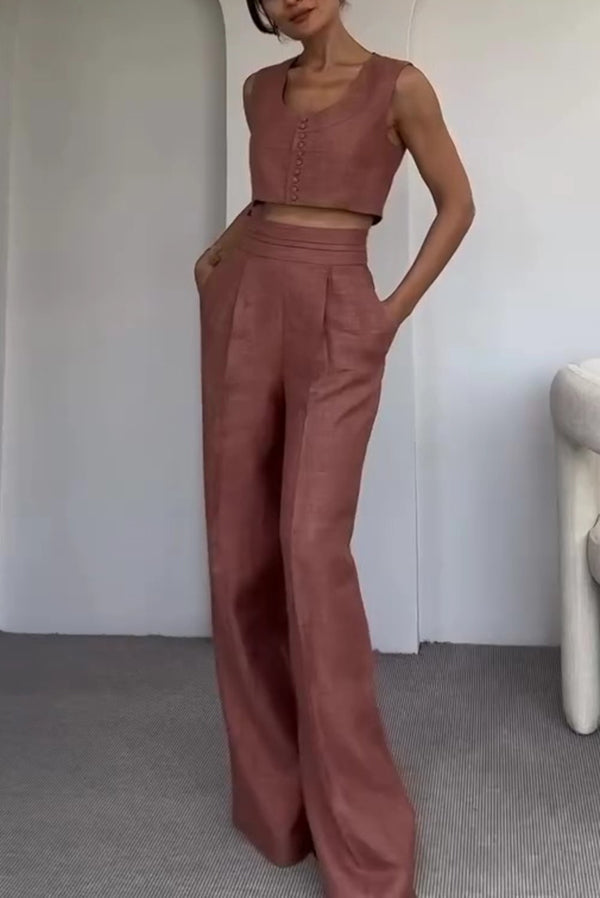 Maylin Solid Color Sleeveless Button-Down Top and Relaxed Pocket Straight Pants Set