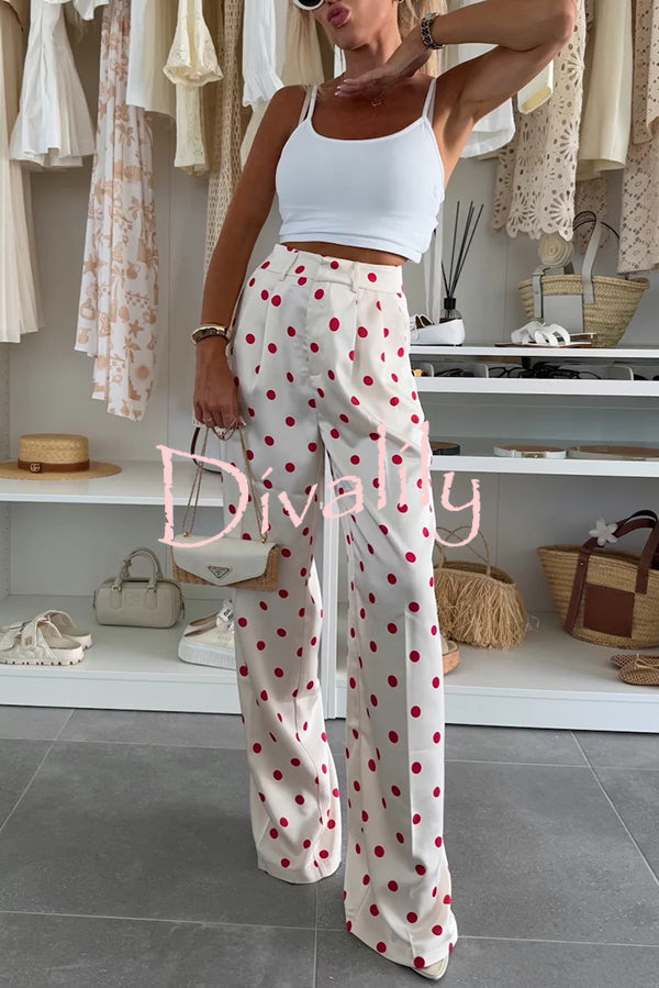 Koreen Polka Dot Round Neck Button Vest and High Rise Pocket Straight Pants Set