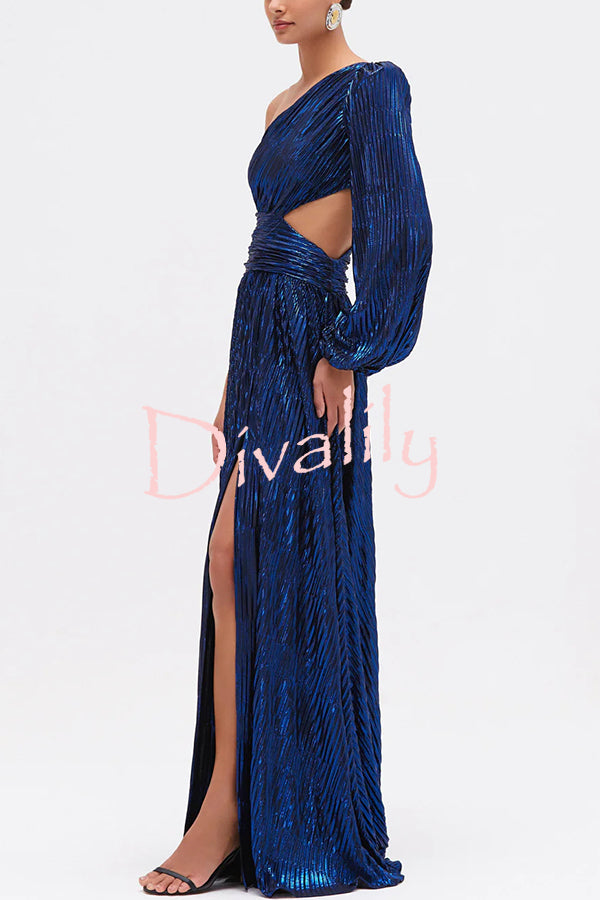 Dazzling Night Metallic Pleated One Shoulder Cutout Balloon Sleeve Gown Maxi Dress