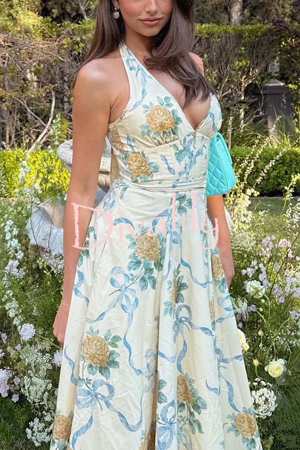 Resort Star Floral Print Waist Halterneck Tie Pocket Midi Dress