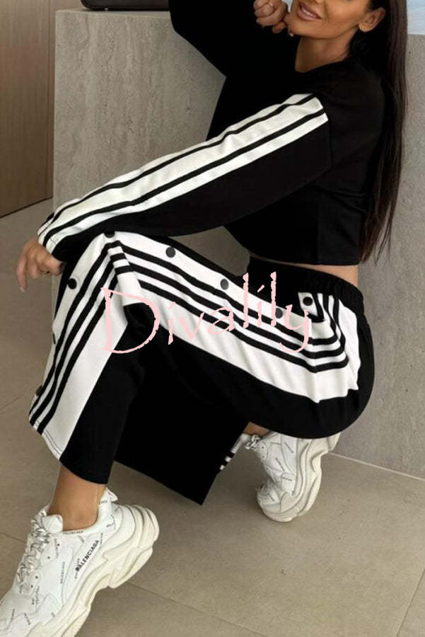 Sporty Chic Striped Patchwork Sweatshirt and Elastic Waist Side Button Up Loose Pants Set