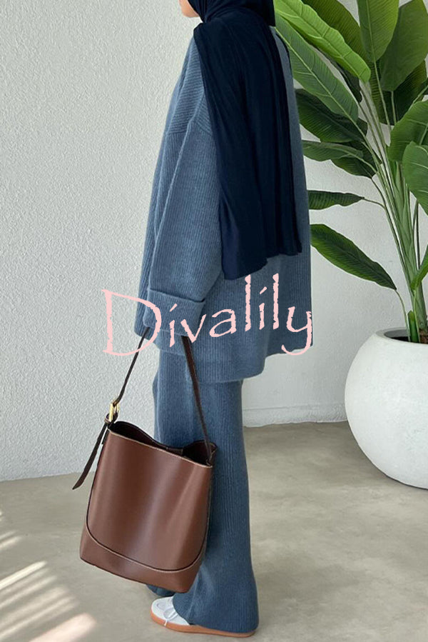 Solid Color Loose Long-sleeved Knit Top and Elastic Waist Casual Straight Leg Pants Set