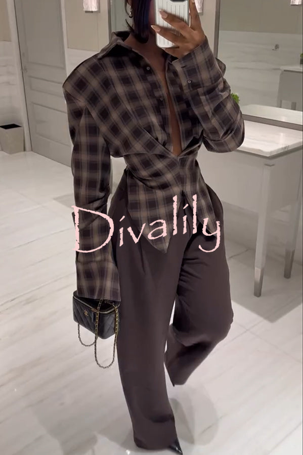 Vintage Plaid Shoulder Pad Buttons Long Sleeve Angled Hem Shirt