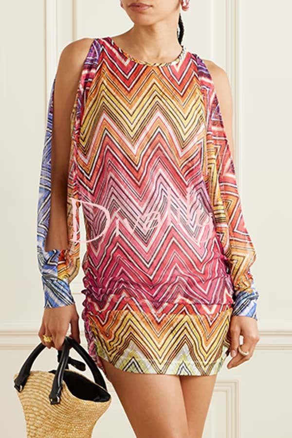 Ivanah Mesh Colorful Zigzag Pattern Long Slit Balloon Sleeve Ruched Mini Dress