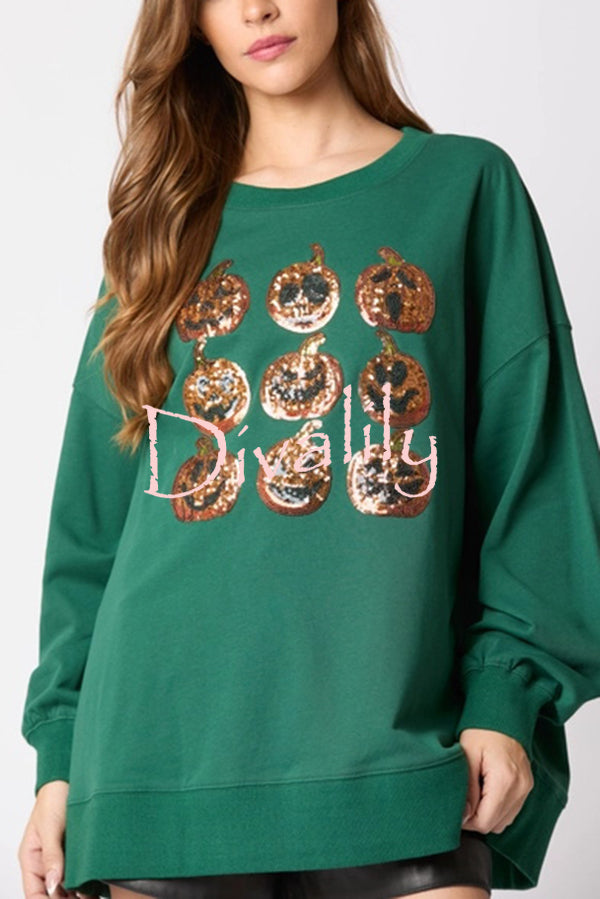 Halloween Pumpkin Sequin Loose Casual Sweatshirt