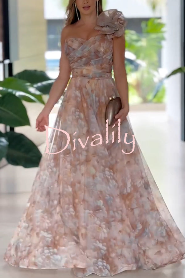 Romantic Ball Chiffon Floral One-shoulder Pleated Design Back Lace-up Gown Maxi Dress