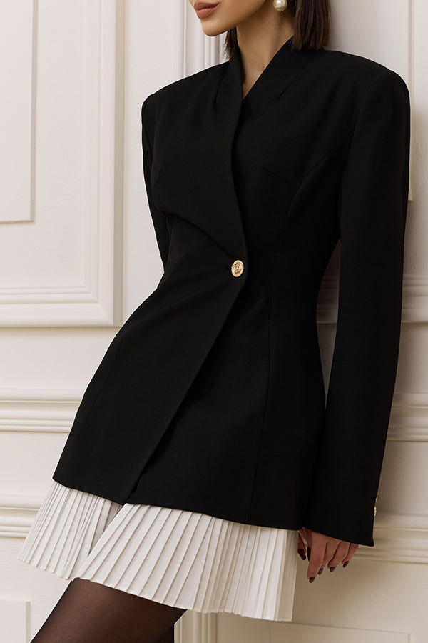 Fashionable Contrast Color Elegant Long Sleeve Pleated Suit Mini Dress