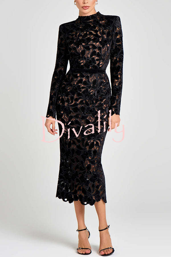 Diane Velvet Embroidered Floral Lace Long Sleeve Belt Scallop Edge Midi Dress
