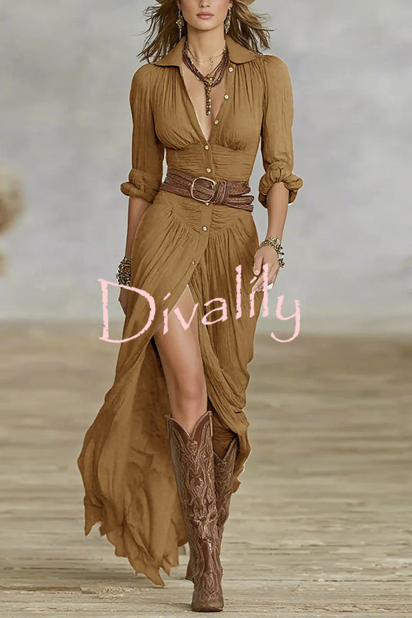 Fashion Lapel Single-breasted Waist Shirt-style Maxi Dress