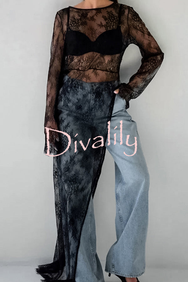 Sexy Openwork Lace Long-sleeved Asymmetrical Casual Top
