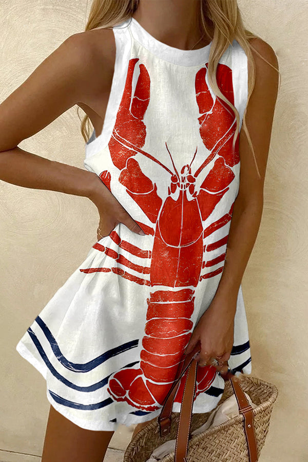 Vintage Lobster Print Sleeveless Resort Mini Dress