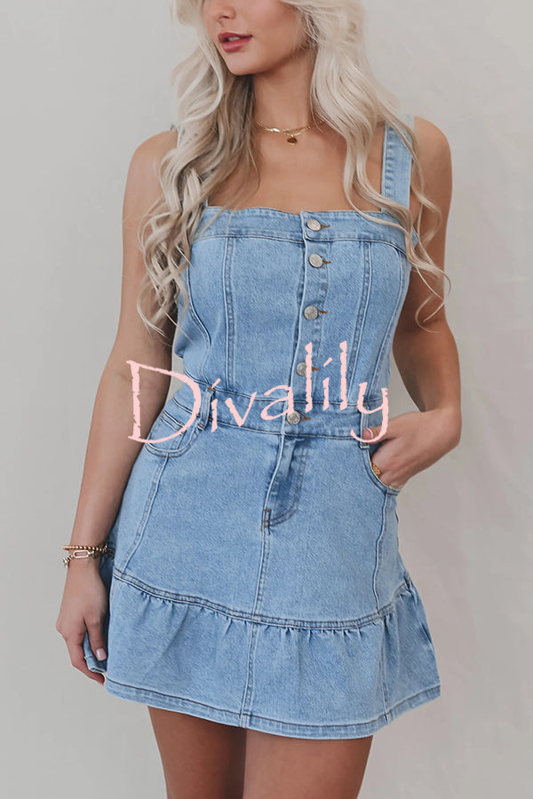 Solid Square Neck Suspender Button Pocket Denim Mini Dress