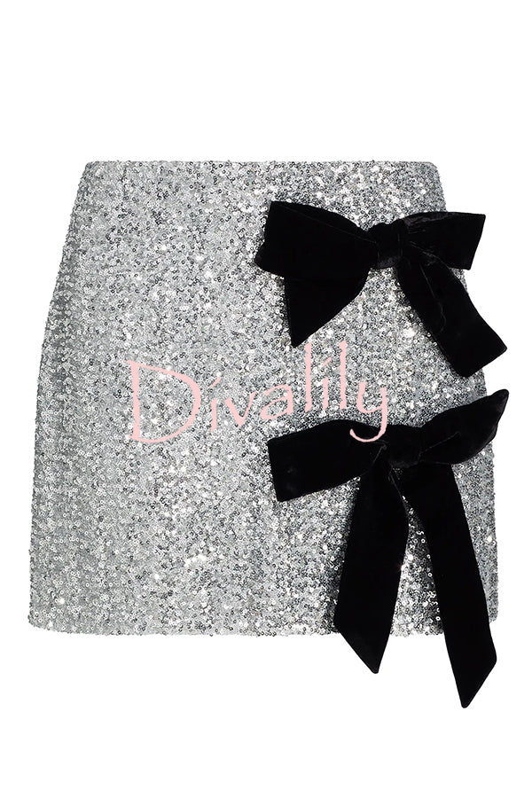Holiday Party Sequin Velvet Bow Detail High Rise Stretch Mini Skirt