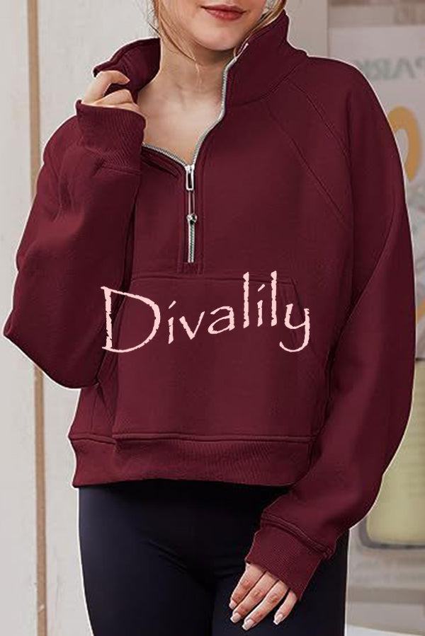 Stylish Patchwork Stand Collar Zippered Loose Pocket Sweatshirt