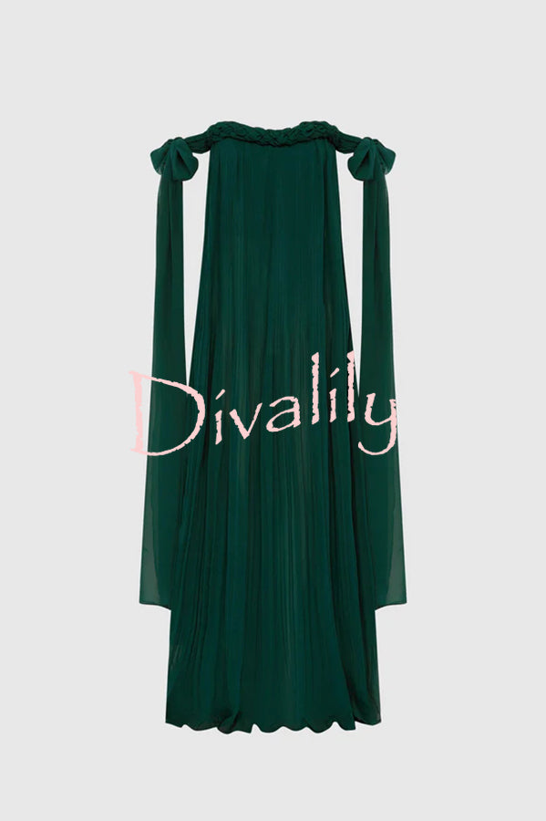 Fairy Spirit Tulle Braided Neckline Tie Arm Straps Pleated Maxi Dress