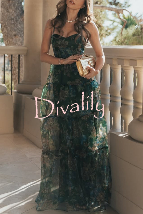 Exclusive Glamour Organza Floral Print Tiered Slip Maxi Dress