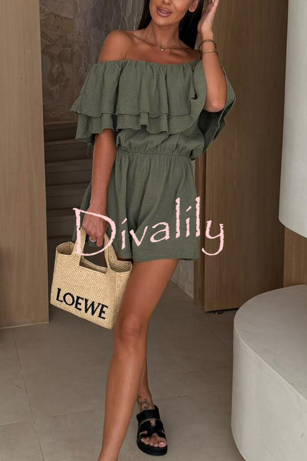 Solid Color Off-shoulder Ruffled Casual Waist Rompers