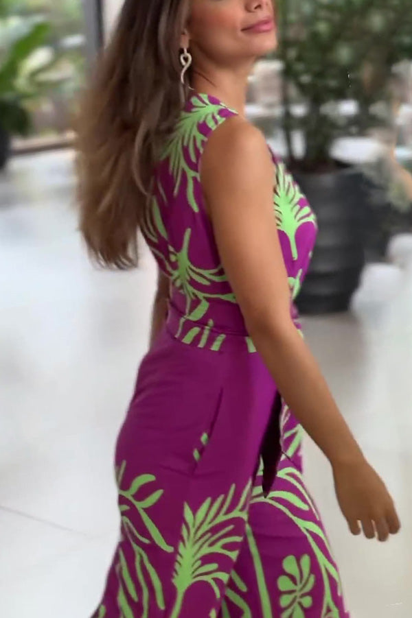 Unique Printed V-Neck Sleeveless Waist Tie Jumpsuit