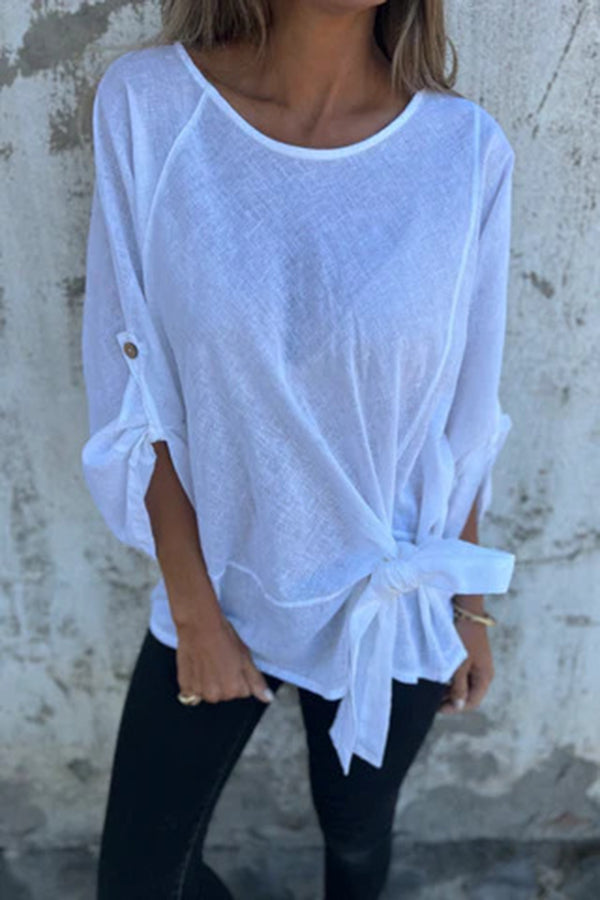 Solid Color Casual Round Neck Loose Knot Top