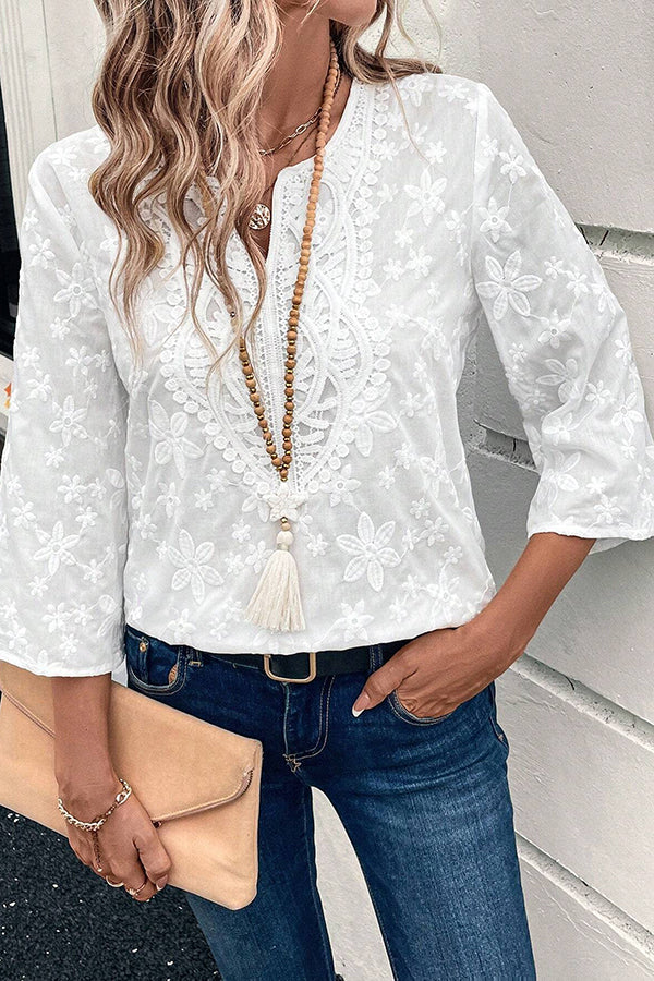 Solid Color Lace Embroidered Floral Loose Casual Top