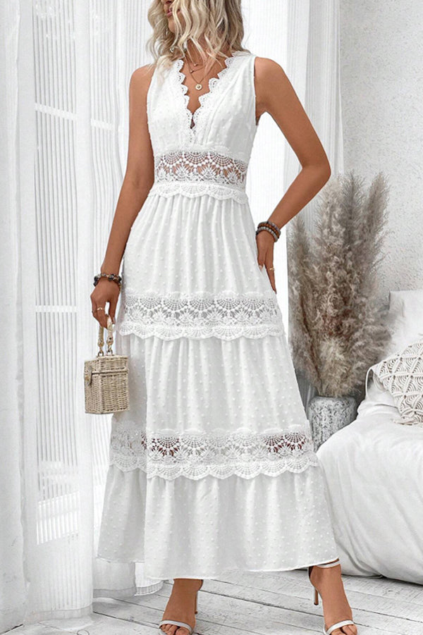 Solid Color Hollow Lace Splicing V-neck Sleeveless Maxi Dress