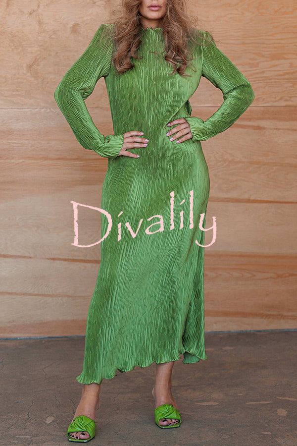 Hansin Satin Pleated Fabric Long Sleeve Wavy Trim H-line Slit Midi Dress