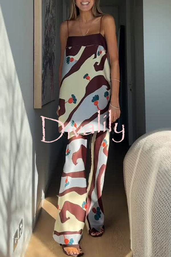 Loving Views Satin Unique Print a-line Tank and Elastic Waist Loose Pants Set