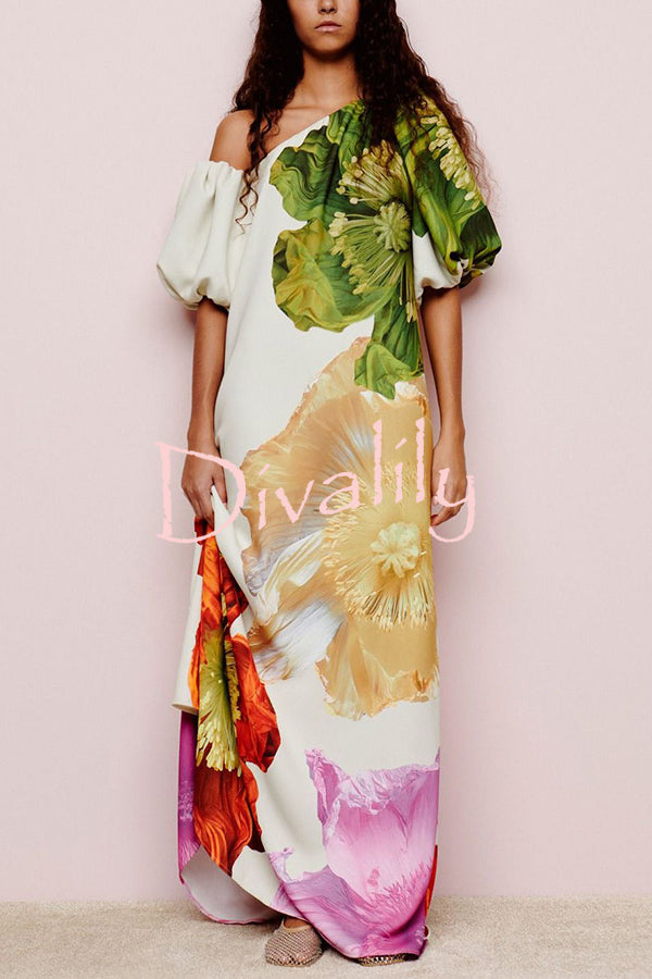 Floral Print Slant Collar Puff Sleeves Loose Holiday Maxi Dress
