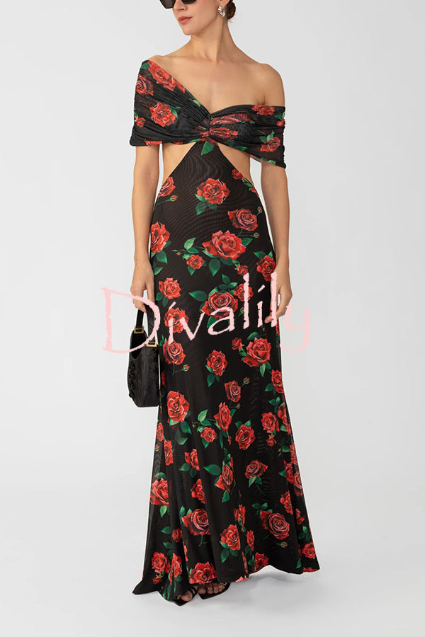 Rose Print Sexy Strapless Backless Slim Maxi Dress