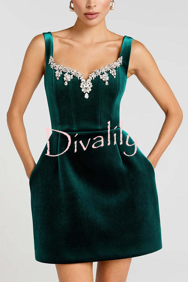 Blair Luxurious Velvet Jewel-encrusted Sweetheart Neck Pocket Tulip Stretch Mini Dress