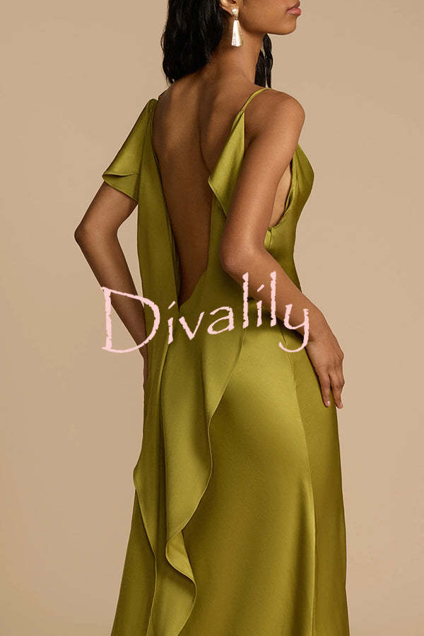 Evening Date Satin Cowl Neck Drape Ruffle Backless Bias Cut Party Maxi Dress