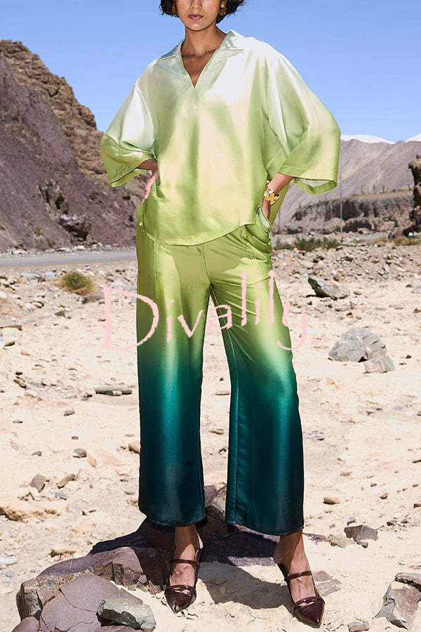 Alenah Satin Gradient Print V-Neck Loose Shirt and Casual Pocket Wide Leg Pants Set