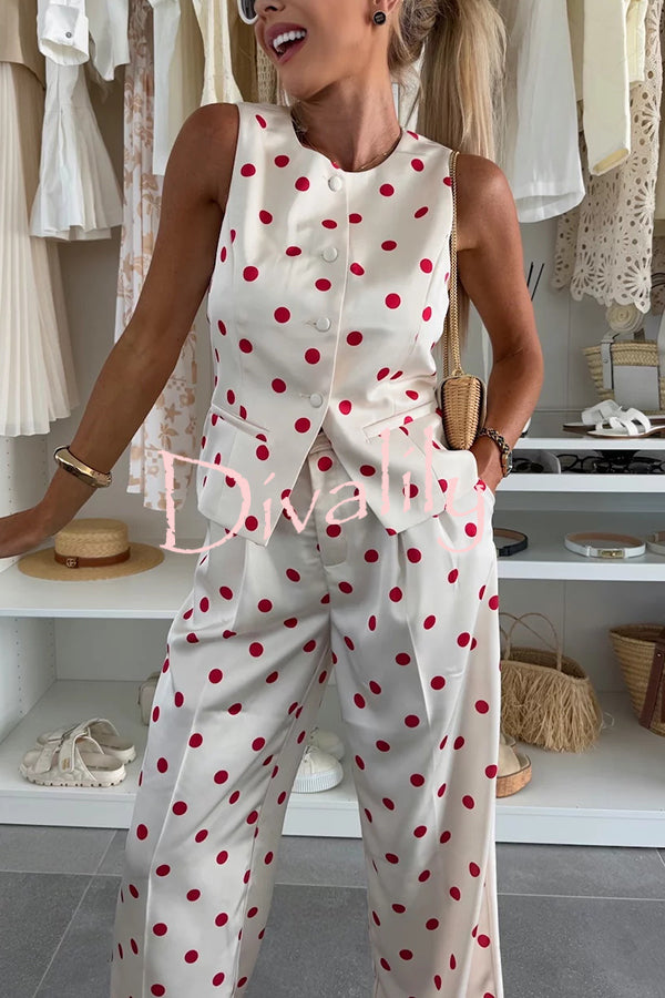 Koreen Polka Dot Round Neck Button Vest and High Rise Pocket Straight Pants Set