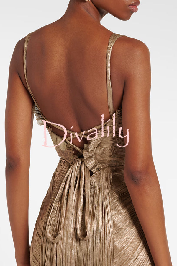 Vegas Queen Metallic Pleated Sculpted Bodice Back Lace-up Drape Maxi Dress