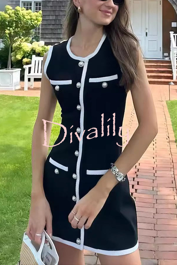 Elegant Sleeveless Round Neck Pearl Button Knitted Mini Dress