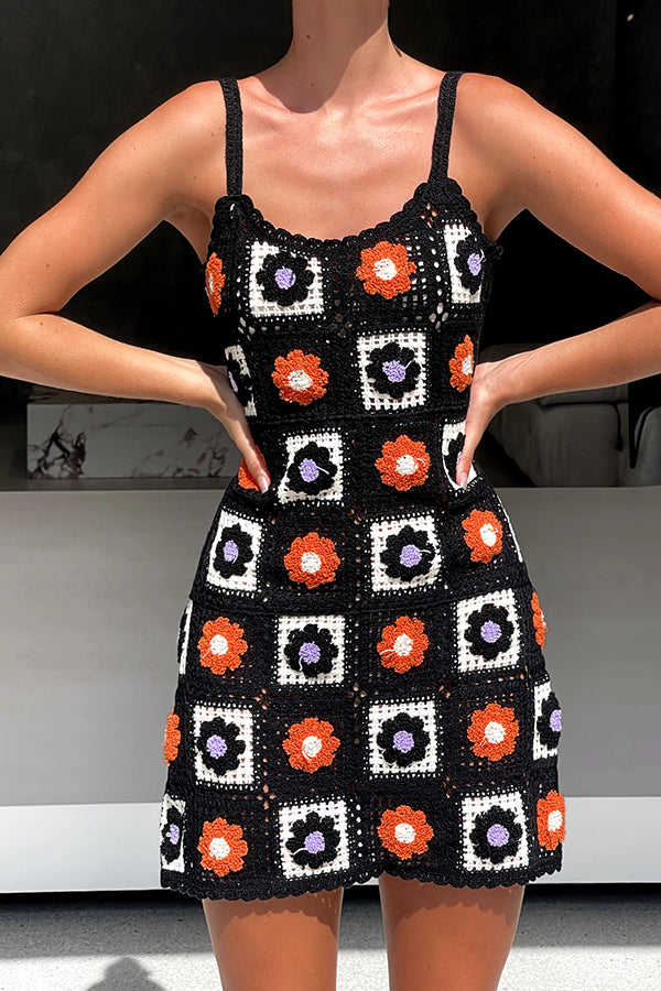 Embroidered Floral Strappy Knitted Mini Dress