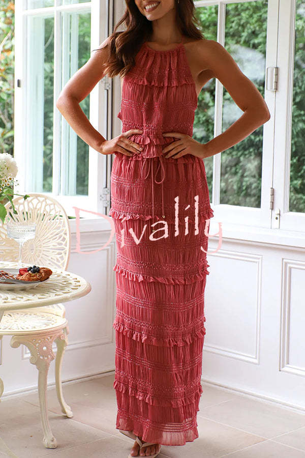 Feel Chic and Romantic Sequin Textured Material Back Elastic Halter Tie Tank and Drawstring Waist Tiered Maxi Skirt Set