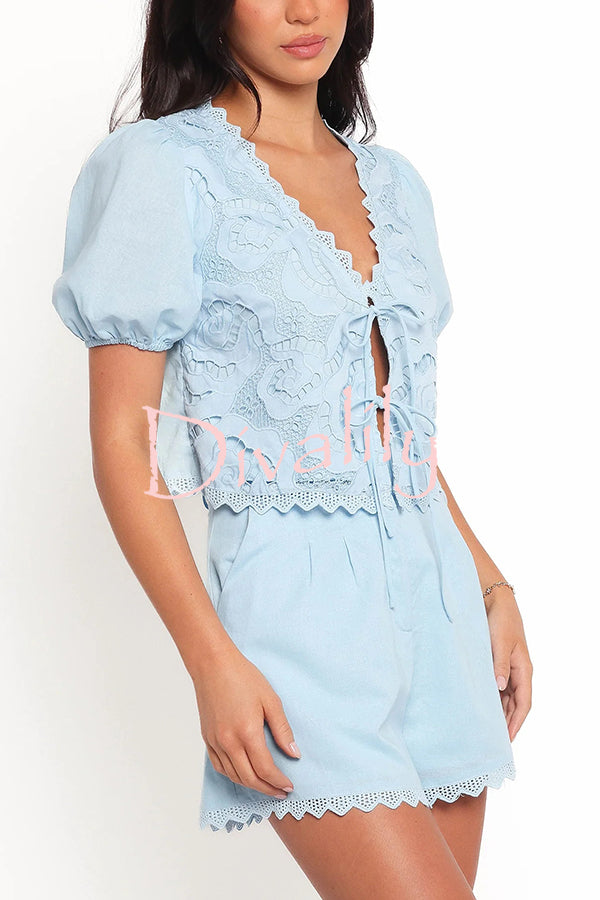 Fashionable V-neck Tie Puff Sleeve Top and Casual Pocket Shorts Set