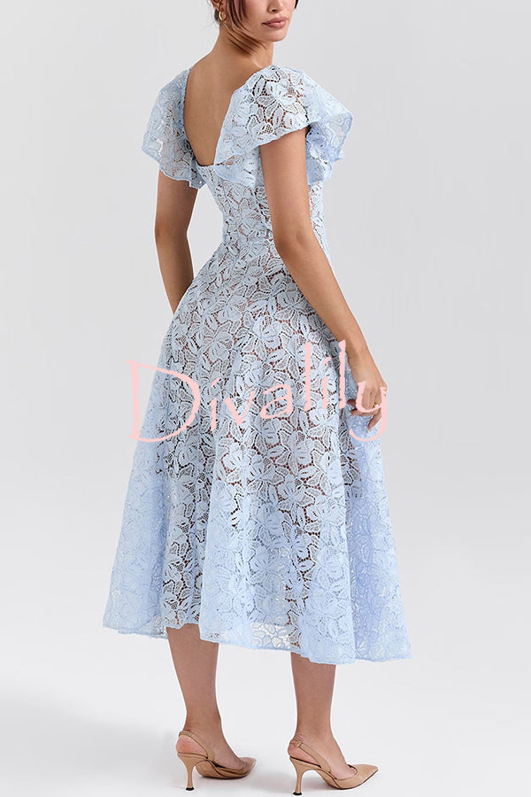 Romantic Atmosphere Bluebell Lace Butterfly Sleeve Sweetheart Neck Stretch Midi Dress