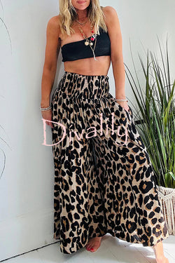 Stella Leopard Print High Rise Smocked Waist Pocketed Wide Leg Pants