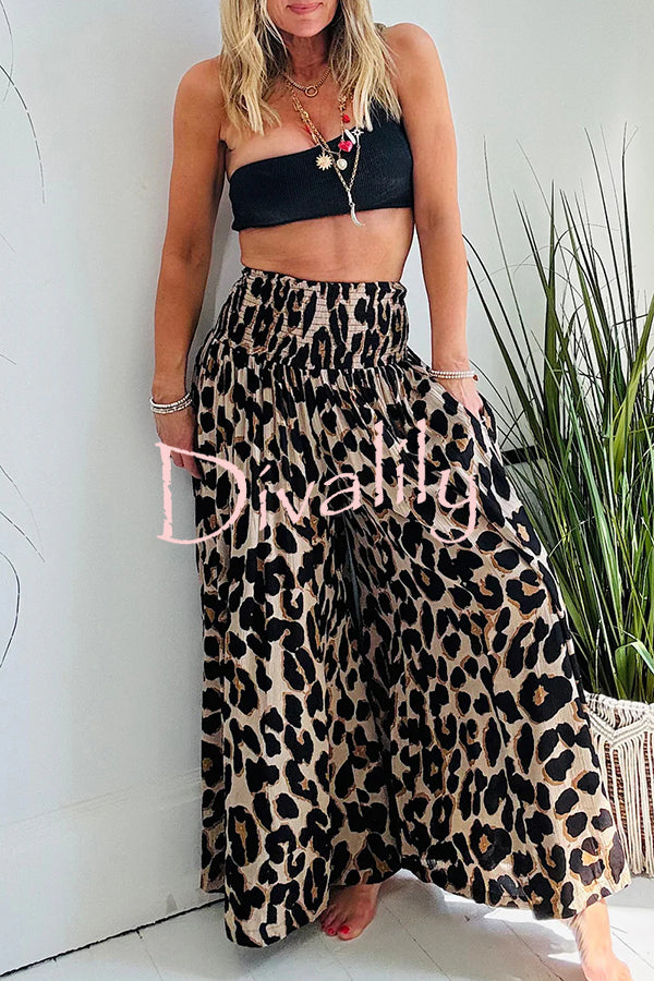 Stella Leopard Print High Rise Smocked Waist Pocketed Wide Leg Pants