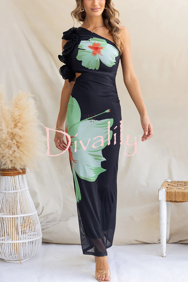 Floral Print One-shoulder Fitted Mesh Maxi Dress