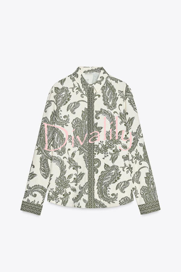 Blend Into Leaves Linen Blend Unique Print Long Sleeve Blouse and Wrap Tie-up Mini Skirt Set