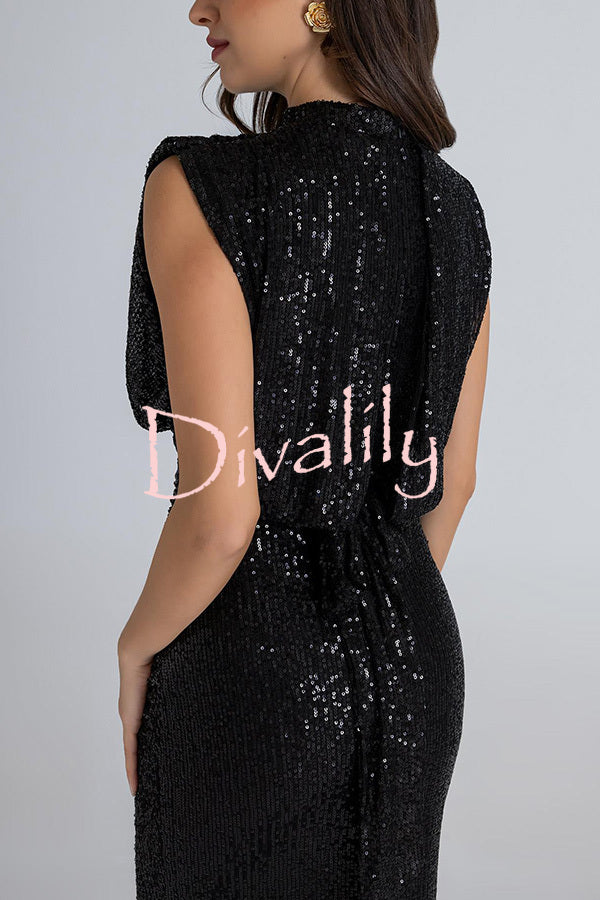 Dreamy Delights Sequin Wide Short Sleeve Back Tie-up Ruched Slit Maxi Dress