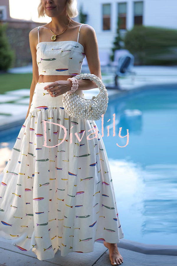 Island Resort Linen Blend Back Smocked Crop Tank and High Rise A-line Maxi Skirt Set
