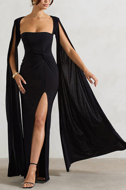 Elegant Goddess Square Neck Twisted Cape Sleeve Slit Maxi Dress