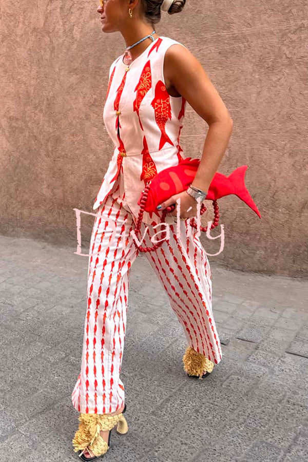 Good Luck Linen Blend Koi Pattern High Rise Elastic Waist Loose Pants