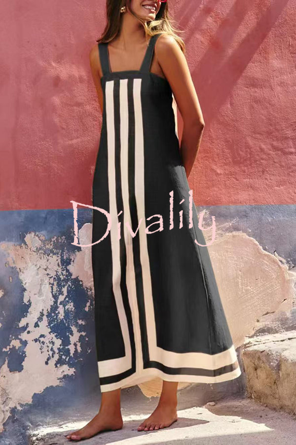 Striped Print Resort Style Casual Sling Maxi Dress