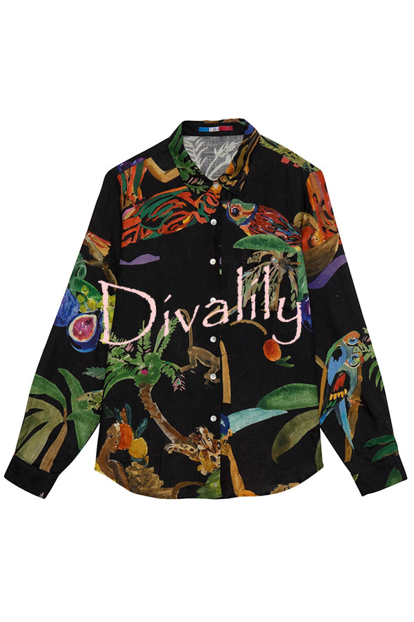 Unique Print Lapel Long Sleeve Loose Shirt and Elastic Waist Pocket Wide Leg Pants Set